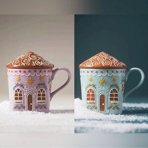 Anthropologie gingerbread house stoneware lidded mug SET OF 2 ginger NEW IN BOX